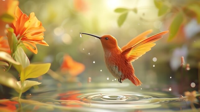 Utilize artificial intelligence to design an image of a cute hummingbird displaying orange colors, with a single drop of water, against a charming backdrop