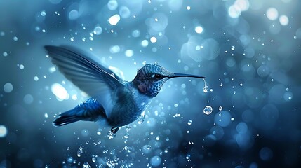 Utilize artificial intelligence to craft a visual representation of a cute hummingbird surrounded by blue colors, with a single drop of water, against a charming backdrop