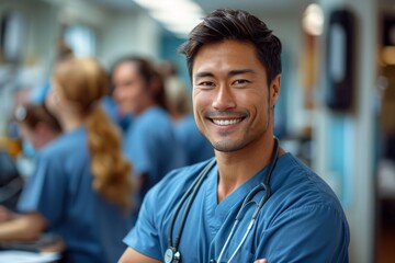 Fototapeta premium A portrait of a happy middle-aged male doctor in scrubs standing and smiling with his team behind him at the hospital, in a wide shot with soft light and natural colors