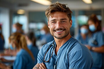 A portrait of a happy middle-aged male doctor in scrubs standing and smiling with his team behind him at the hospital, in a wide shot with soft light and natural colors - obrazy, fototapety, plakaty