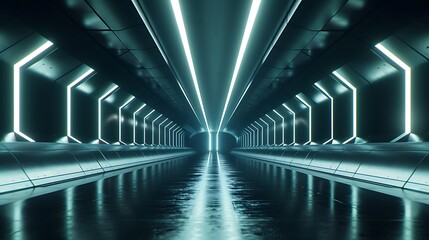 A symmetrical and futuristic tunnel illuminated by soft lights, leading to a captivating vanishing point