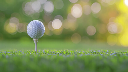 A golf ball sits poised on a tee against a serene backdrop of soft-focus greenery and gentle sunlight. - obrazy, fototapety, plakaty