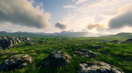 Fototapeta na wymiar Panoramic view of green grassy meadow in the mountains.