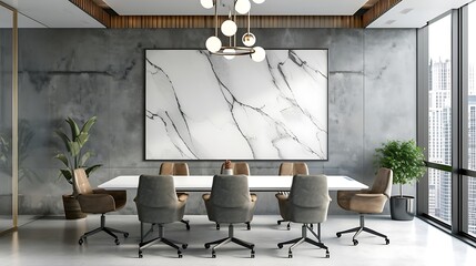 Visualize a modern and stylish conference room using AI, incorporating white marble details and a visually appealing poster - obrazy, fototapety, plakaty