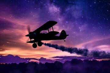 Silhouette of a biplane with smoke trails under a starry night nostalgic flight. - obrazy, fototapety, plakaty