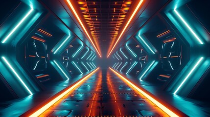 A symmetrical and futuristic tunnel illuminated by soft lights, leading to a captivating vanishing...