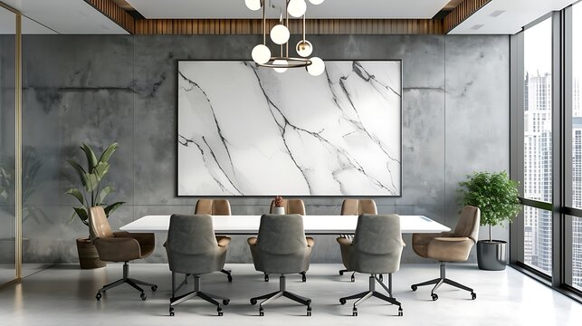 Visualize a modern and stylish conference room using AI, incorporating white marble details and a visually appealing poster