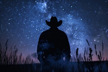 Silhouette of a lonesome cowboy with smoke trail under a starry night western spirit. - obrazy, fototapety, plakaty