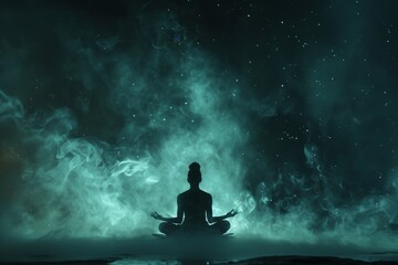 Silhouette of a lotus position with smoke aura under a starry night meditation bliss.
