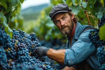 A winemaker is seen picking grapes from a lush green vine in a vineyard.
