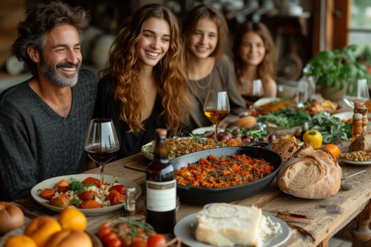 A nostalgic portrayal of Italian family ties, this photo showcases generations gathered around a rustic table, savoring traditional dishes and sharing laughter in the warm glow of togetherness