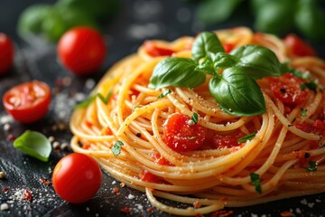 Close-up of al dente spaghetti covered in flavorful tomato sauce and garnished with fragrant basil leaves, reminiscent of Italian cuisine. - obrazy, fototapety, plakaty