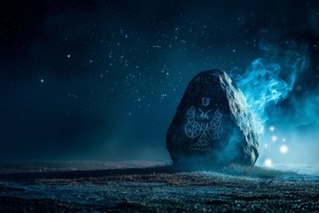 Silhouette of an ancient rune stone with smoke symbols under a starry night cryptic messages. - obrazy, fototapety, plakaty