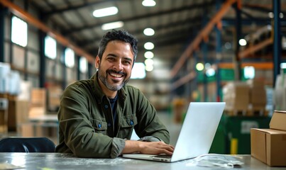 Middle aged hispanic warehouse distribution logistic deliery centre manager or employee preofessional smiling at camera with toothy smile surrounded with shelves with cardboard boxes