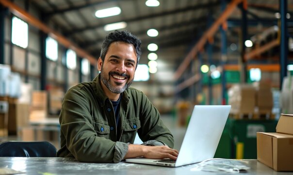 Middle aged hispanic warehouse distribution logistic deliery centre manager or employee preofessional smiling at camera with toothy smile surrounded with shelves with cardboard boxes