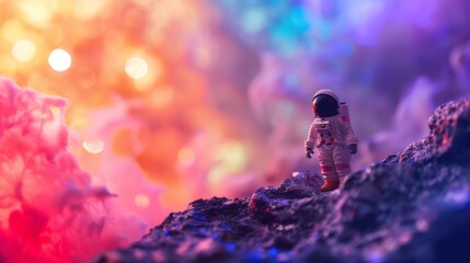 Astronaut figurine on a colorful fantasy terrain