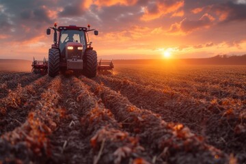 Diligent farmer plowing the field with a vintage tractor at sunrise