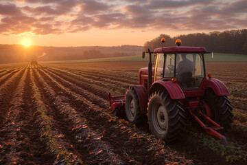 Fototapeta premium Diligent farmer plowing the field with a vintage tractor at sunrise