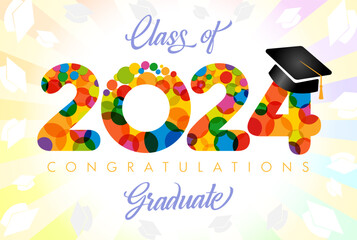 Class of 2024 graduating event cute decoration. School banner design. Colorful icon 2024 with graduation hat. Festive background. Isolated number with vector clipping mask. Class off congrats.