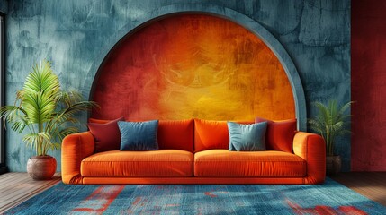 Modern living room interior with orange sofa