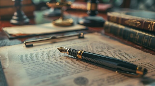 A scene set with a notary pen resting upon a testament, surrounded by essential notarial accessories, ready for official proceedings 