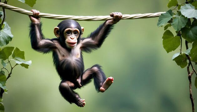 A Playful Baby Chimpanzee Swinging From Vine To VI Upscaled 62