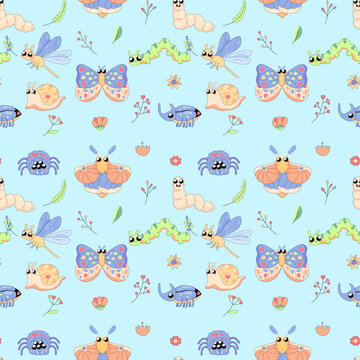Seamless pattern, cute insects, butterflies, snail, bugs, worm, cartoon, baby.