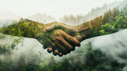 Handshake against the background of the forest.