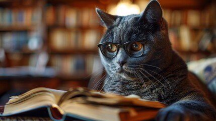 cat professor at school, university, college, with books, in a black suit and glasses