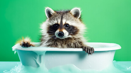 The raccoon in the bathtub against the green background