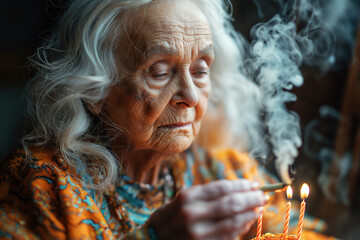 elderly old retired woman lights a joint with marijuana from candles on cake. Sad lonely anniversary