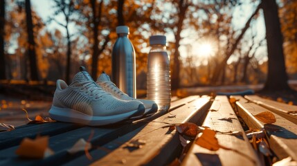 Autumn morning workout scene with running shoes and water bottles on a sunlit park bench.