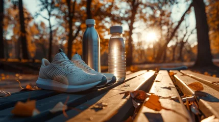 Rolgordijnen Autumn morning workout scene with running shoes and water bottles on a sunlit park bench. © radekcho