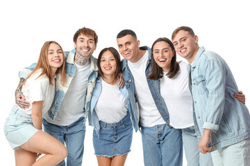 Group of stylish young people hugging on white background