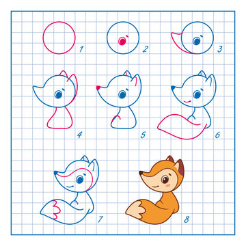 How to Draw Fox, Step by Step Lesson for Kids cartoon vector illustration