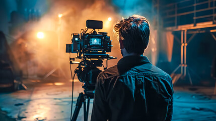 Cinematographer recording scene on movie set