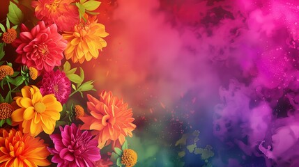 Kilka żywych kwiatów w różnych kolorach na tle pięknego dymu dodając tajemniczości. Tło zaproszenia - obrazy, fototapety, plakaty