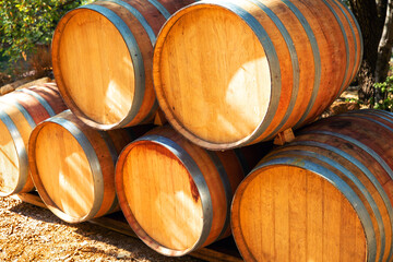 Several wooden barrels of wine stacked on top of each other lie on the ground next to the vineyards
