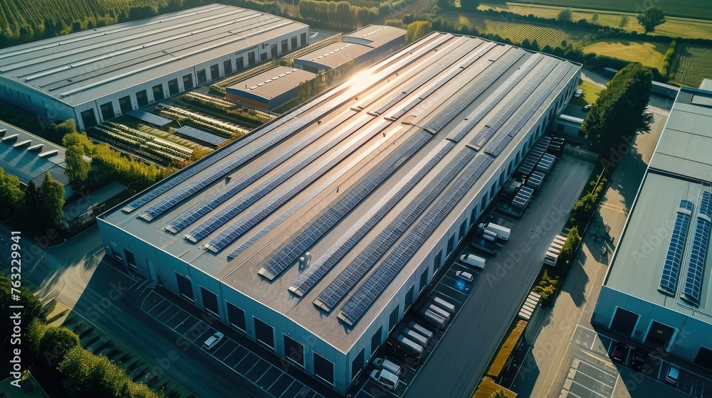 Poster aerial high view of a modern warehouse with solar panels in a green surrounding. generative ai.