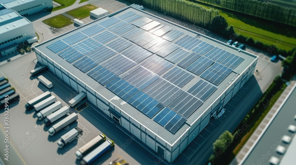 Poster aerial high view of a modern warehouse with solar panels in a green surrounding. generative ai.