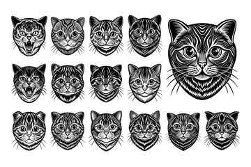 Bundle of hand drawn scottish fold cat head illustration design