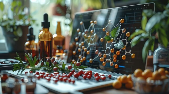 Pharmaceutical advances in drug development visualized through a molecular model on a laptop next to food-grade samples. Generative AI.