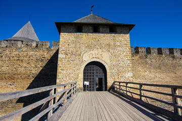 Entrance to the territory where is situated Khotyn castle, ancient fortress on the banks of the...