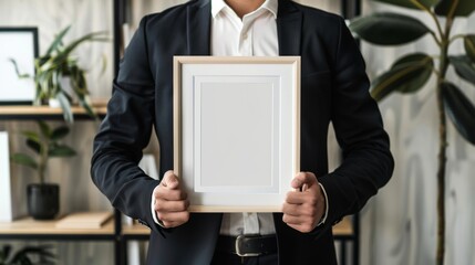 A special offer mockup for a top manager award, with a business man holding an empty photo frame, signifying recognition and appreciation within a professional context