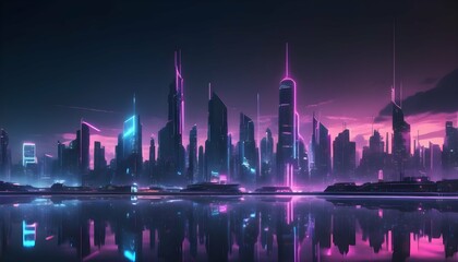 Sleek Futuristic City Skyline At Night With Neon Upscaled 3