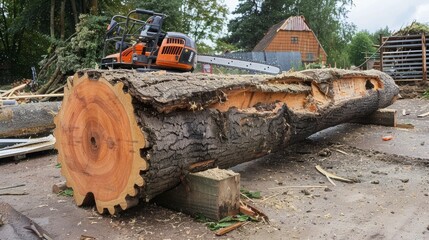 Chainsaw resting on a huge sawn off beech log - obrazy, fototapety, plakaty
