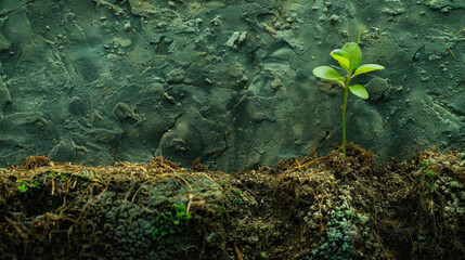 A young plant emerges resiliently from rough soil against a gritty backdrop, symbolizing hope and growth.