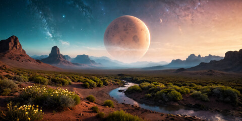 Alien World. Exoplanet with a moon low in the sky. - 763230752