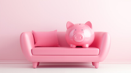 Home savings closeup image. Piggy bank on pink couch in pastel room close up photography marketing. Financially comfortable concept photo realistic. Piggybank picture photorealistic