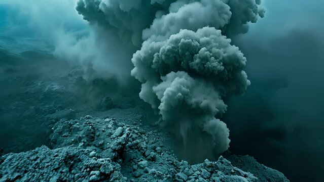 Amidst the rocky landscape a plume of smoke rises up from a submarine volcano shrouding the underwater world in hazy mystery. The ocean creatures that call this place home